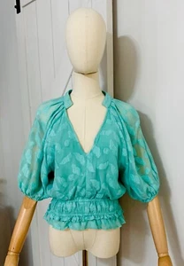 Karina Grimaldi Size S Revolve Aqua Metallic Jaquard Blouse Top - Picture 1 of 10
