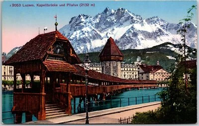 Postal de pasarela de Lucerna Kapellbrücke y Pilatus Lucerna Suiza Foto 1 de 2
