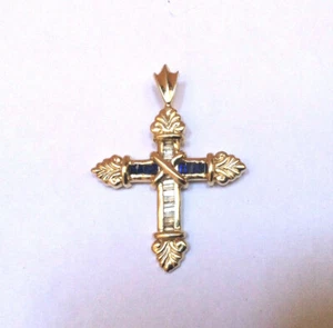 14k Yellow Gold Sapphire Diamonds Large Cross Pendant - MUST SEE - Picture 1 of 7