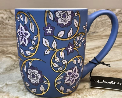 Large Soft Touch Coffee Mug Blue Floral Purple Flowers Gold Vines New - Image 1 of 4