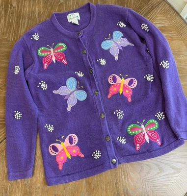 Quacker Factory Purple Butterfly Cardigan Sweater Embellished Button Front - Image 1 of 4