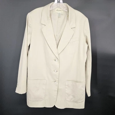 Blazer Eddie Bauer Mujer Grande Beige Algodón Sarga 4 Botones Forrado Oficina Negocios Foto 1 de 4