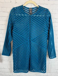 CHICO'S TRAVELERS blue teal striped mesh long sleeve cardigan blazer 0 (S) NWOT - Picture 1 of 7