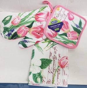 3 pc KITCHEN SET:1POT HOLDER,1OVEN MITT,1MICROFIBER TOWEL,FLOWERS, TULIPS,K&Co - Picture 1 of 12