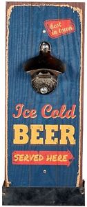Metall-Flaschenöffner auf Vintage Holzbrett mit Auffangebehälter "Ice Cold Beer"