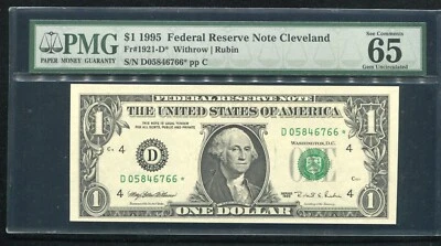 FR. 1921-D* 1995 $1 ONE DOLLAR *STAR* FRN CLEVELAND, OH PMG GEM UNC-65EPQ - Image 1 of 2