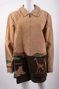 Quacker Factory Womens Jacket Coat Leather Suede Safari XL Tan Brown Zoo Animal - Picture 1 of 6
