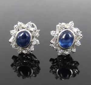 Estate 6.0ct Sapphire & 3.50ct Diamond 18K White Gold Earrings - Picture 1 of 10