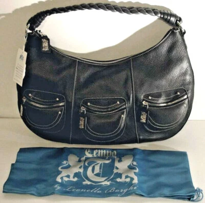 Leonello Borghi Black Pebbled Leather Bag Triple Zip Pockets Braided Handle New - Image 1 of 4