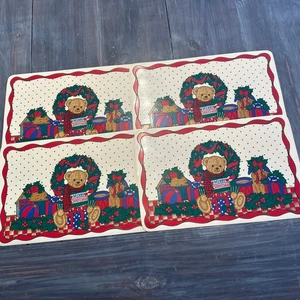 Vintage 4er Set Weihnachtsbär Vinyl Tischsets Weihnachten Urlaub Schaumstoff B&D - Bild 1 von 7