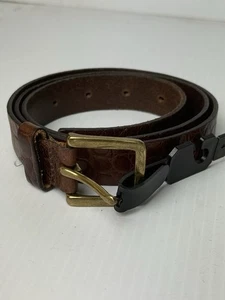 Large Womens Eddie Bauer Genuine Brown Leather Belt Brass Buckle Western - Picture 1 of 6