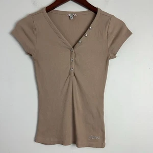 Y2k Baby Tee Guess Womens Small Henley Tan Micro Ribbed Bella Cap Sleeve Bling - Picture 1 of 9
