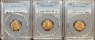 1942-P/D/S Lincoln Cent 3pc Set MS65RD PCGS (#PA46741330) - Image 1 of 2