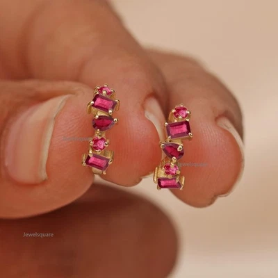 Multi Shape Ruby Tiny Huggies Hoop Earrings In 14k Yellow Gold Birthday Gift - Image 1 of 4
