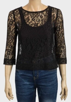 Ladies Lace Top - Ex Chainstore Sheer Floral Lace Crop Boxy Top Tshirt - Black - Image 1 of 3