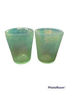 2 VTG Green to White Opalescent Vaseline Glass 4” Cup Tumbler Buttons & Braids - Picture 1 of 11