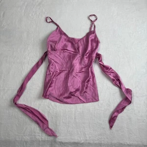 Y2K Oleander Pink Adjustable Strap Belted V-Neck Silk Cami Tank Top Women's - Picture 1 of 7