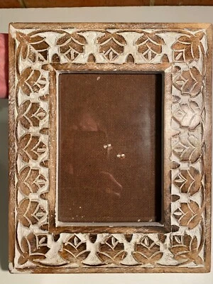 Wood Picture Frame Distressed Whitewash over Brown Rose Design 5" x 7"Wood Easel - Image 1 of 4