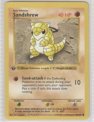 Pokemon Sandshrew 1st edition base set 62/102 Raw NM MT WOTC Rare Vintage 1999 - Image 1 of 2