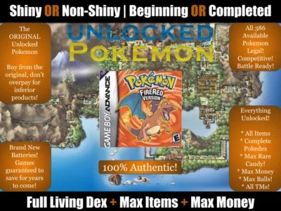 Authentic Unlocked Pokemon FireRed + All 386 Pokemon Legal, Max Items, Money GBA - Image 1 of 4