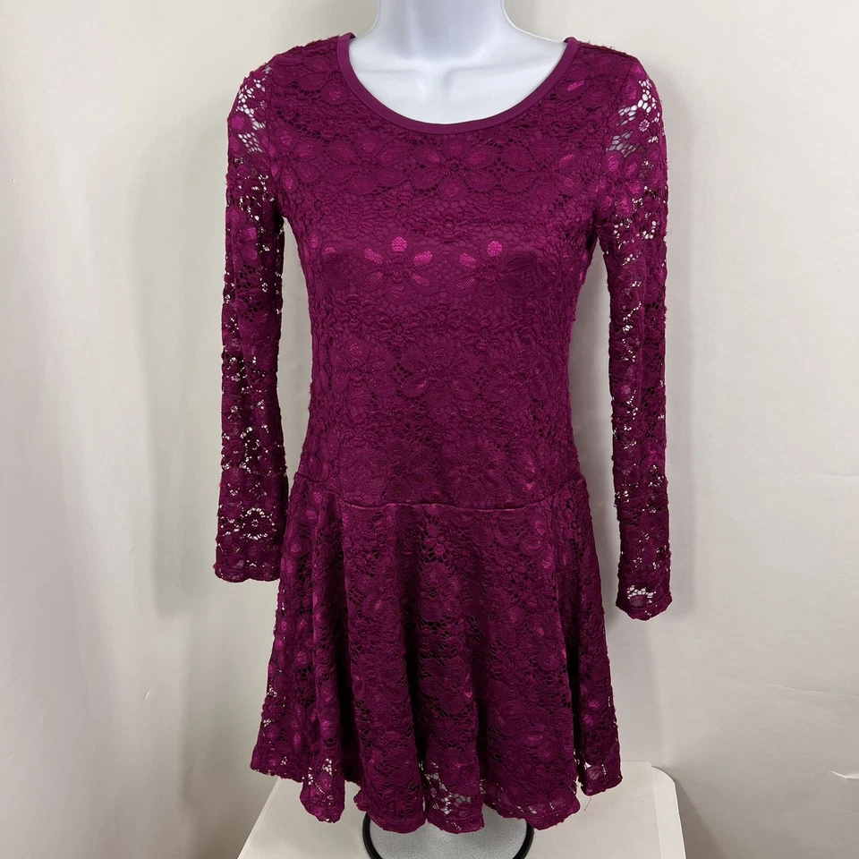 Vestido Ella Moss Niña Juvenil Talla 14 Manga Larga Magenta Encaje Hasta la Rodilla Línea A Foto 1 de 4