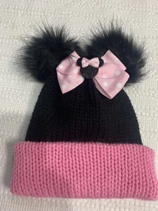 Minnie Mouse Child’s Hand Knit Pink Black Beanie Hat Cap Pom Pom Ears Bow Gift - Picture 1 of 11