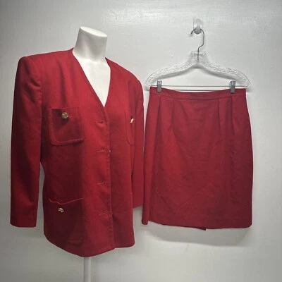 Conjunto Traje Christian Dior Falda Blazer Chaqueta 2 Piezas 100% Lana Rojo Dorado Talla 14 Foto 1 de 4