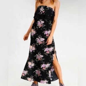 Abito floreale nero americano senza maniche boho hippie floreale maxi dress taglia large - Foto 1 di 7