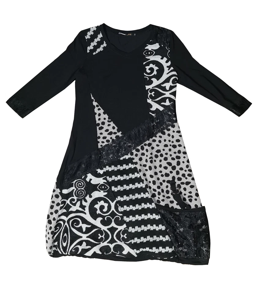 COSIMA by No1 Kleid Ballonsaum Materialmix Spitze schwarz weiß Gr. 40 - Bild 1 von 2