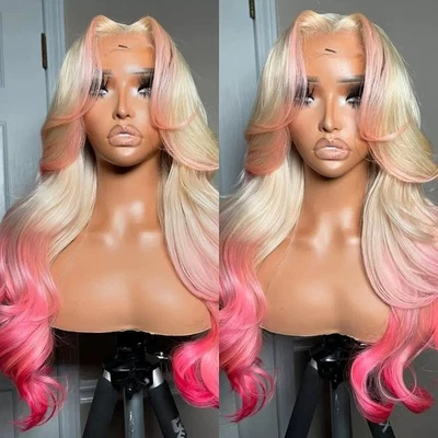 Pelucas de encaje completo rubio a rosa ondulado ombre pelucas delanteras de encaje 100 % cabello humano Foto 1 de 4