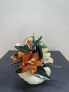 MINI CESTO DI FIORI VINTAGE CINESE INTAGLIATO GIADA TURCHESE PIETRA SEMI PREZIOSA 4” - Foto 1 di 7