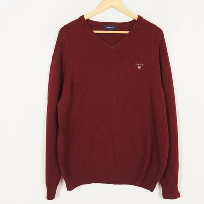 Pull homme GANT taille XL col V tricot serré coton rouge - Photo 1/4