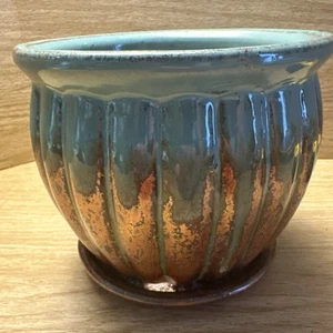 Turquoise And Copper Drip Glaze Terra Cotta Pottery Planter With Tray Drain Hole - Picture 1 of 11