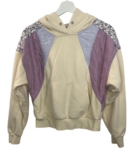 OFF WHITE BLANK NYC Felpa Donna XS Felpa con Cappuccio Top Patchwork Boho Casual Crema Viola