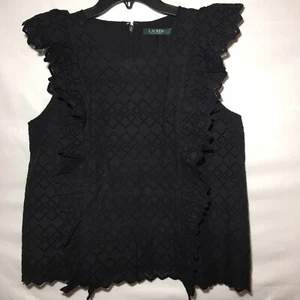 NWT $125 Lauren Ralph Lauren Cotton Zip Back Black Ruffled Top L - Picture 1 of 7