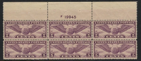 C12  U.S. Airmail Top Plate Block 6 Mint, o.g., never hinged Cover