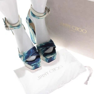 Jimmy Choo NWB Gaia 140 Platform Sandals Size 37 US 7 Latte Mix Marbled Denim - Picture 1 of 13