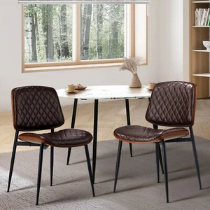 Oikiture 2x Dining Chairs Retro Faux Leather Solid Beech Wood Metal Legs Walnut - Picture 1 of 10