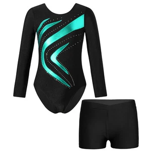 Girls Sparkle Gymnastics Ballet Dance Leotard Unitard Bodysuit with Shorts Set - Picture 1 of 74