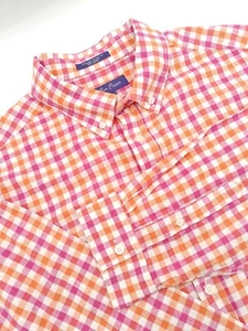 🇺🇲 Alan Flusser Linen Cotton Blend Button Down XXL 18.5x36 Pink Orange Check - Picture 1 of 7