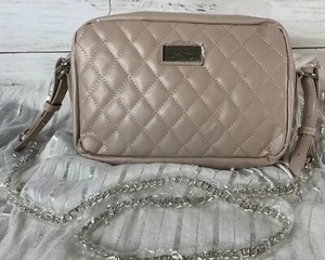 NEW Small Beige Lt Pink Quilted Crossbody Bag Purse Silver Chain BELLE RUSSO - Picture 1 of 10