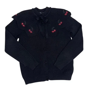 Fraze Black Cape Detailed Shoulder Sweater Cherries Tie Vintage Inspired Size 12 - Picture 1 of 16