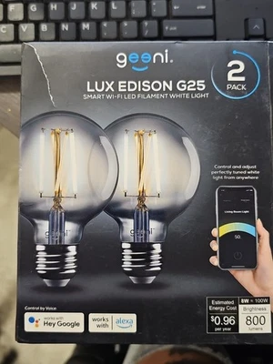 New Geeni Lux Edison G25 2 Pack Smart WiFi LED White Light 8W=100W - Image 1 of 4