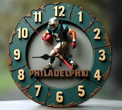 Philadelphia Eagles wall clock 2D  SILENT MOVEMENT DESIGN MAN CAVE FOOTBALL - Image 1 of 2