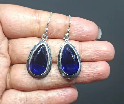 Blue Sapphire Gemstone 925 Sterling Silver Handmade Jewelry Earring-1.60" - Image 1 of 2