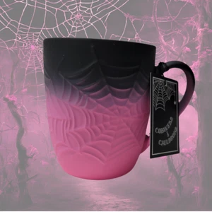 Taza de café grande de Halloween telarañas rosa y negro tacto suave 16 oz nueva - Imagen 1 de 15