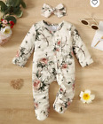 New Boutique Baby Girl Floral Long Sleeve Bodysuit Romper With Head Wrap Bow