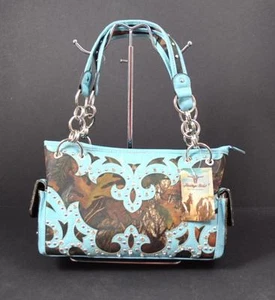 Bolso de Hombro Heritage West Azul Claro Marrón Verde Camuflado Estrás - Imagen 1 de 12