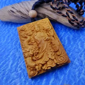 Kwan Yin Pendant Macrame Pendant Necklace Intricate Wood Carving - Picture 1 of 6