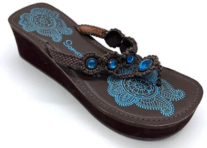 Skechers Something Else Womens US 8 Brown Wedge Thong Strap Sandals Blue Floral - Picture 1 of 7